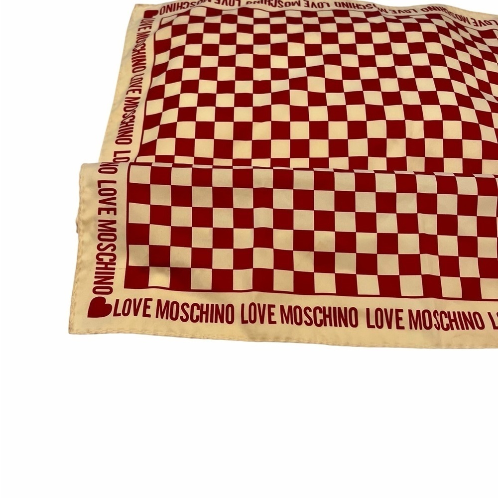 Love Moschino Red & Cream Checkerboard Silk Scarf - Picture 1 of 5